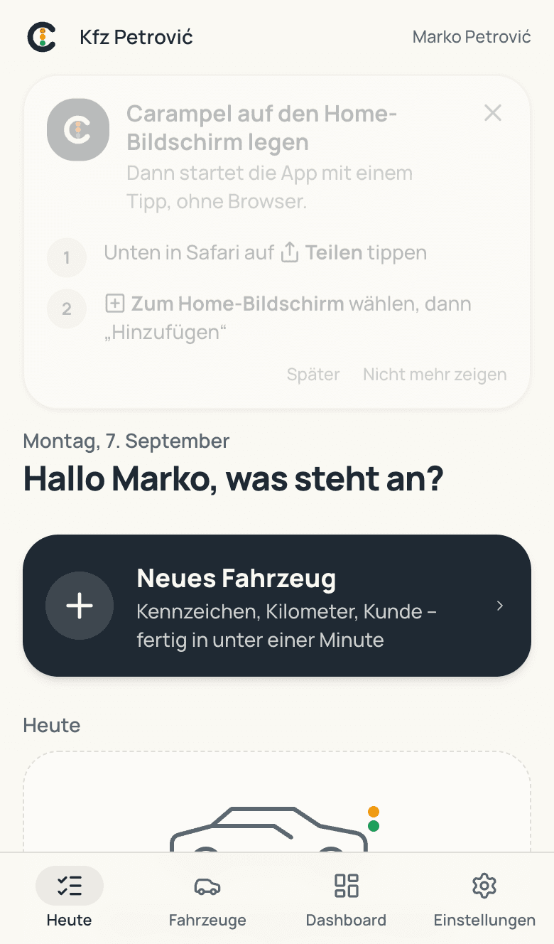 Hinweis in der App mit den zwei Schritten Teilen und Zum Home-Bildschirm