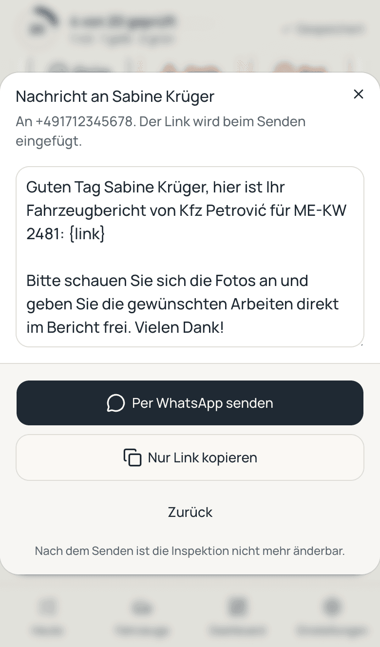 Dialog zum Senden des Berichts per WhatsApp